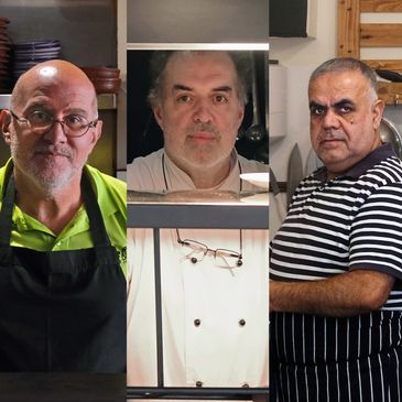 Three chefs posing in their kitchen attire, each with a serious expression.