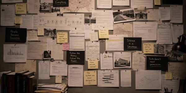 Investigation board full of notes, photos, and documents.