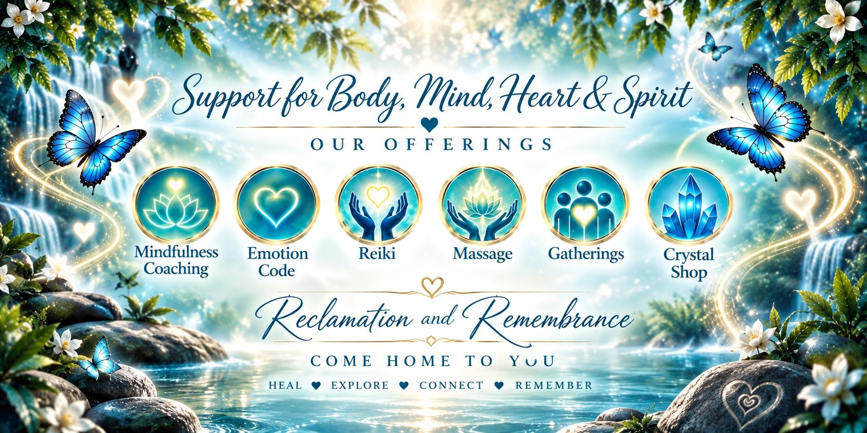 Spiritual wellness offerings with butterflies and nature.