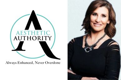 Professional woman posing beside Aesthetic Authority logo with tagline.