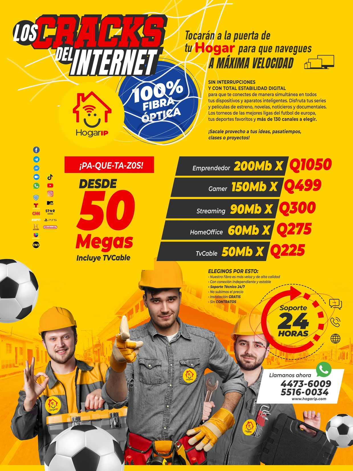 Publicidad de internet de fibra óptica con varios planes y soporte 24 horas.