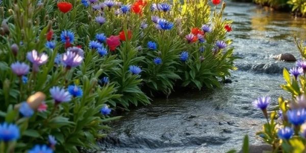 Colorful wildflowers growing along a flowing stream.