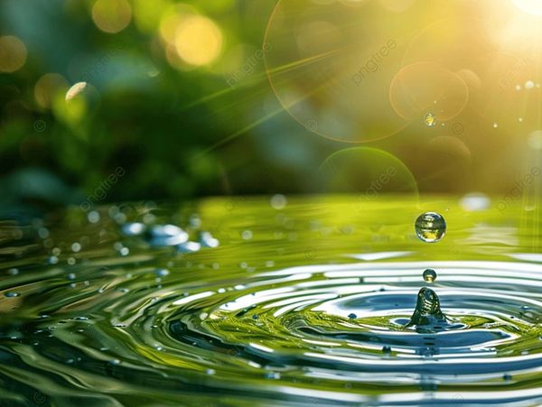 Water droplet creating ripples on a green surface with sunlight.