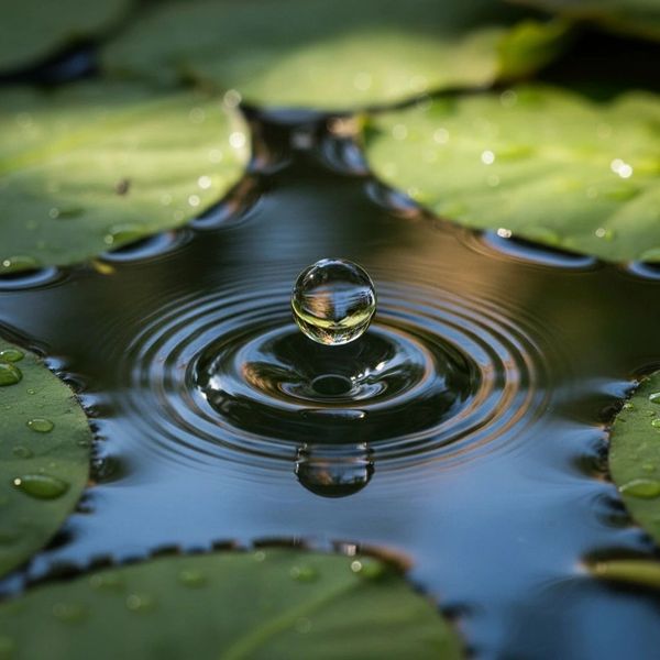 A water droplet hovering above a pond with lily pads around.
