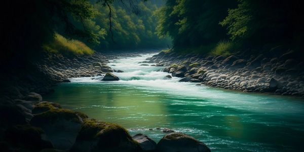 A serene river flowing through a lush forest with sunlight filtering through the trees.