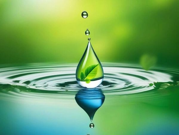 A water droplet with a green leaf inside creates ripples on a calm surface.