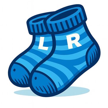 Blue socks labeled L and R for left and right feet.