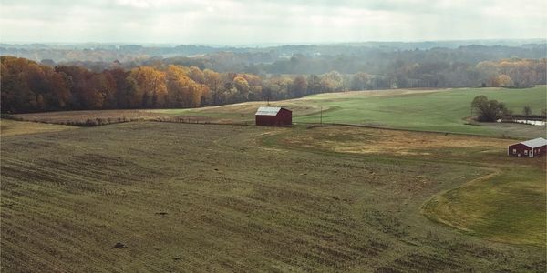 A peaceful rural landscape with two red barns and autumn-colored trees.