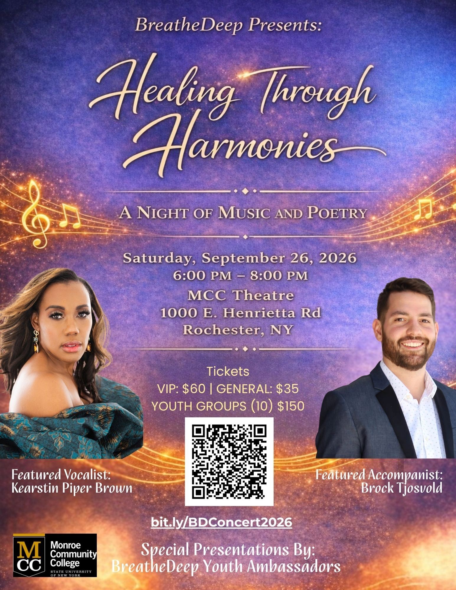 Healing Through Harmonies music and poetry night on September 26, 2026, at MCC Theatre, Rochester, NY.