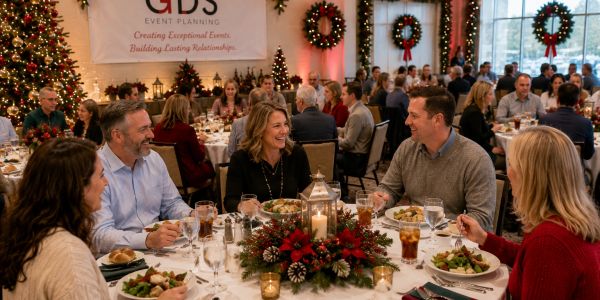 Group enjoying a festive holiday meal together.