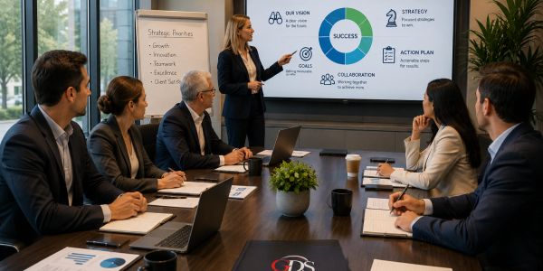 Team discussing a business strategy presentation in a meeting room.