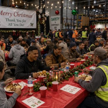 Workers enjoying a Christmas meal together in a decorated workplace.