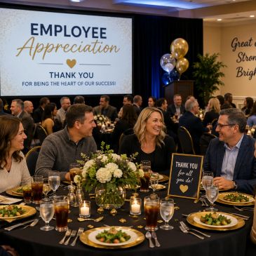 Employees enjoying appreciation dinner with decorations and gratitude signs.