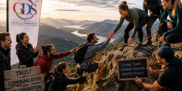 Team helping each other climb a mountain at sunset.