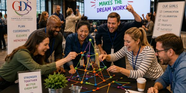 Team building activity with colorful sticks and balls.