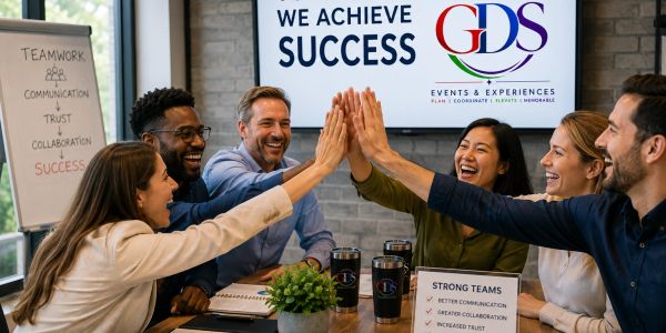 Team celebrates success with a high-five in a meeting room.