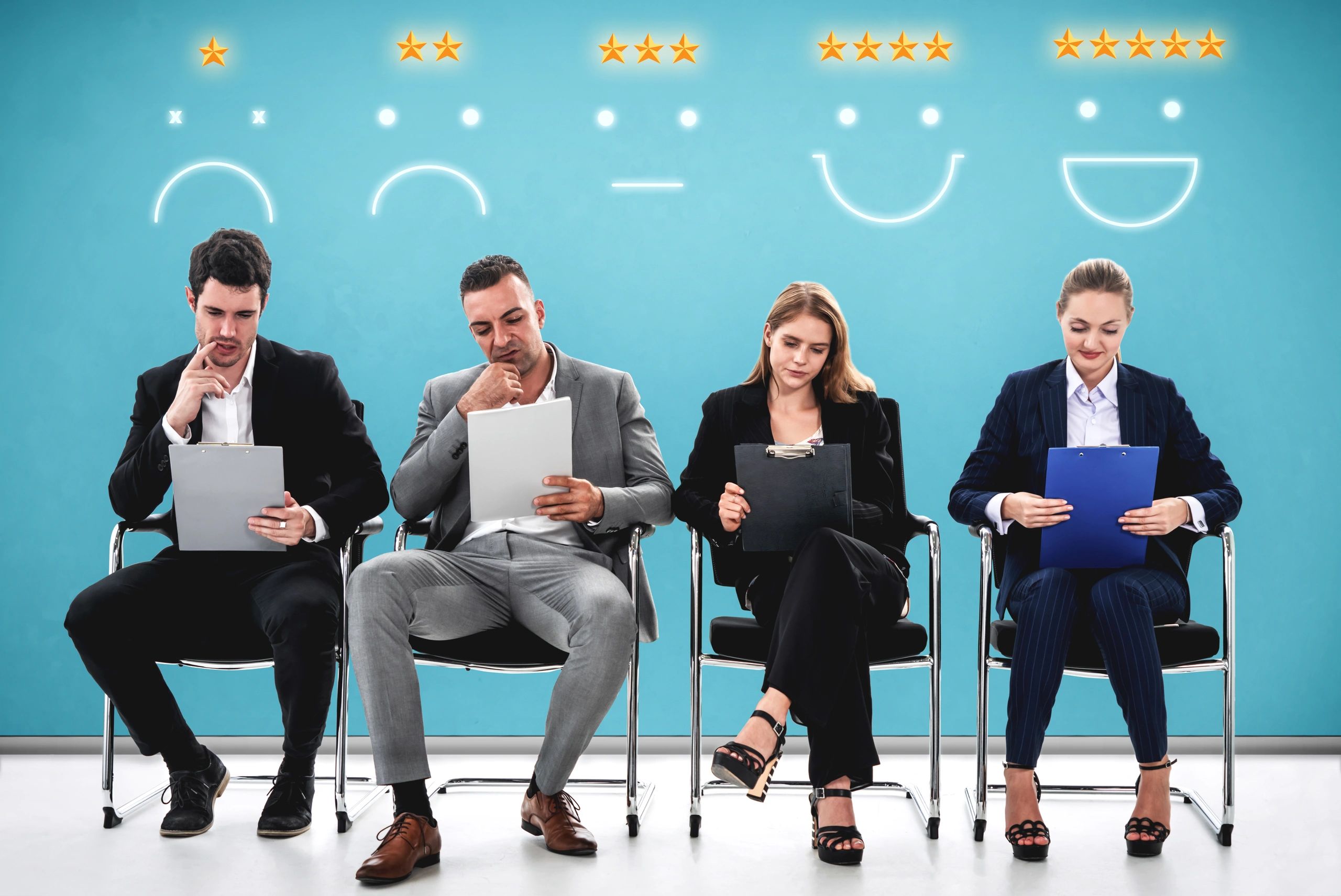 Employees sitting in chairs holding clipboards giving their employer a rating of 1 to 5 stars
