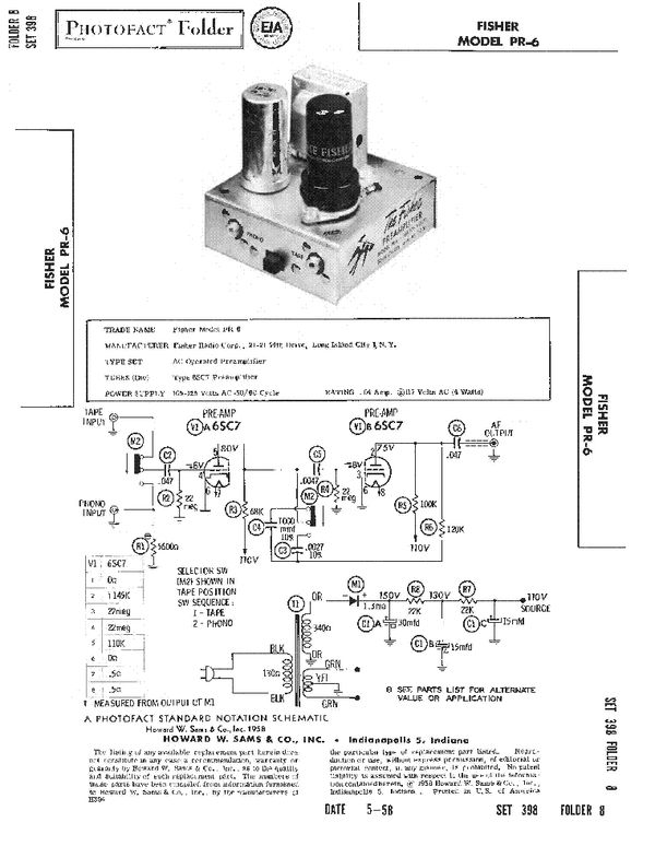 Technical schematic and photo of Fisher Model PR-6 preamplifier from 1958.