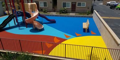 Rubber playground surface. Hotels. Apartment complex. School. Splash Pad.