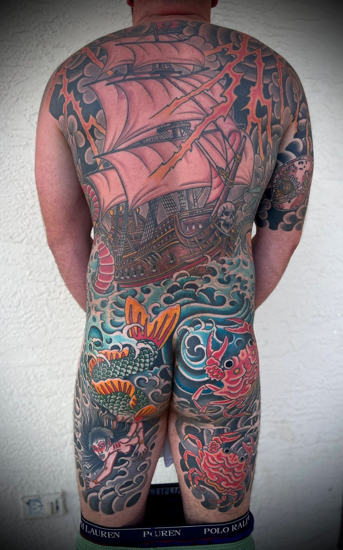 Ship, mermaid, and heike crab Backpiece bodysuit tattoo