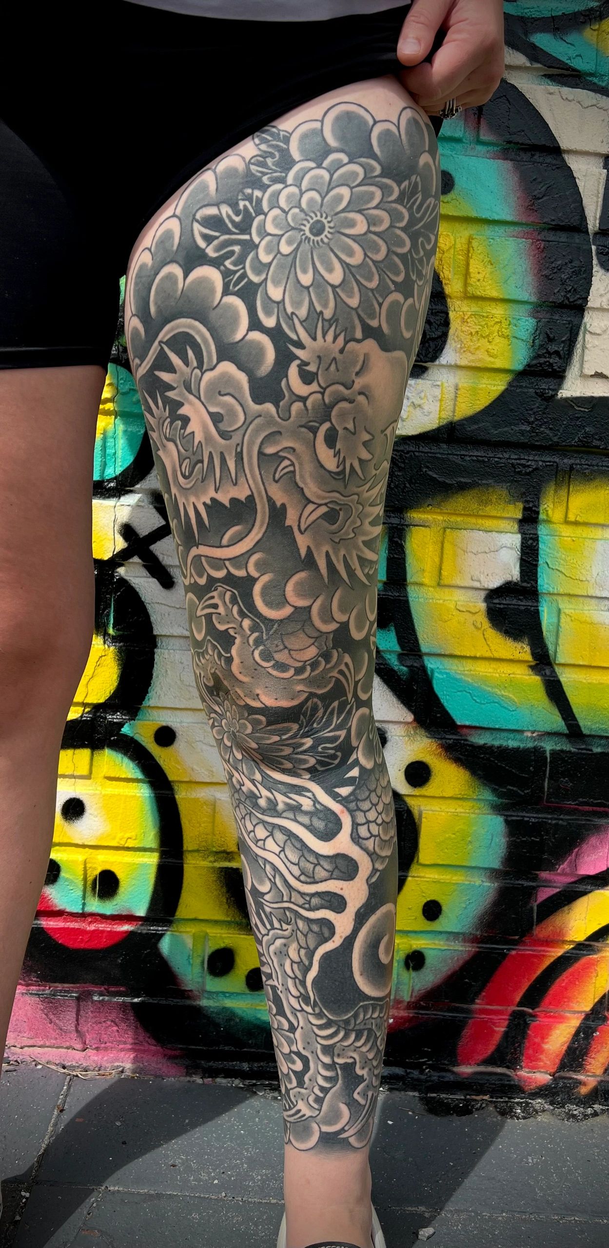 Dragon and chrysanthemum Japanese leg sleeve irezumi tattoo