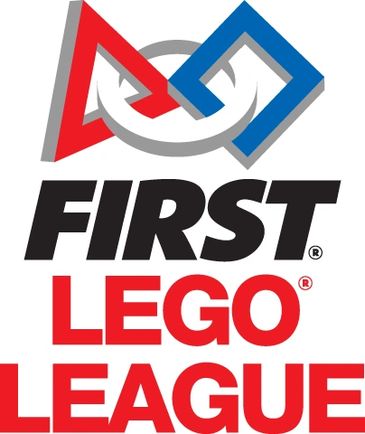 FIRST LEGO League logo with red and blue arrows.
