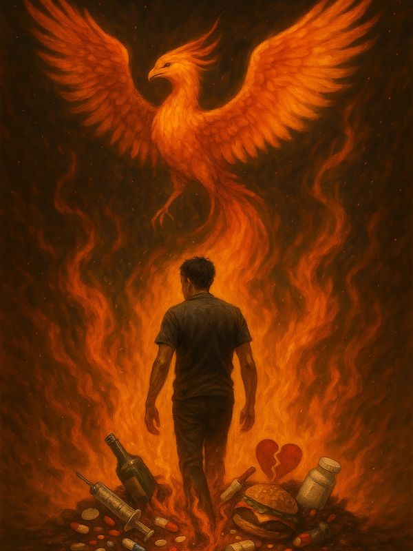 A man walks through fire rising from his vices, as a phoenix emerges above.