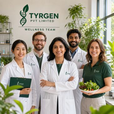 A diverse wellness team from Tyrgen Pvt Limited posing confidently in a bright, plant-filled office.