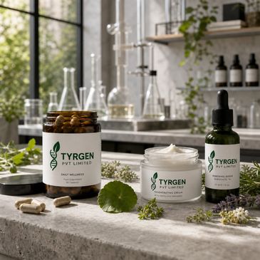Natural wellness products from Tyrgen Pvt Limited displayed in a modern lab setting.