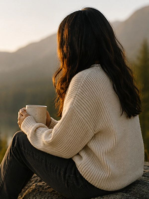 Person in sweater enjoying a warm drink outdoors.