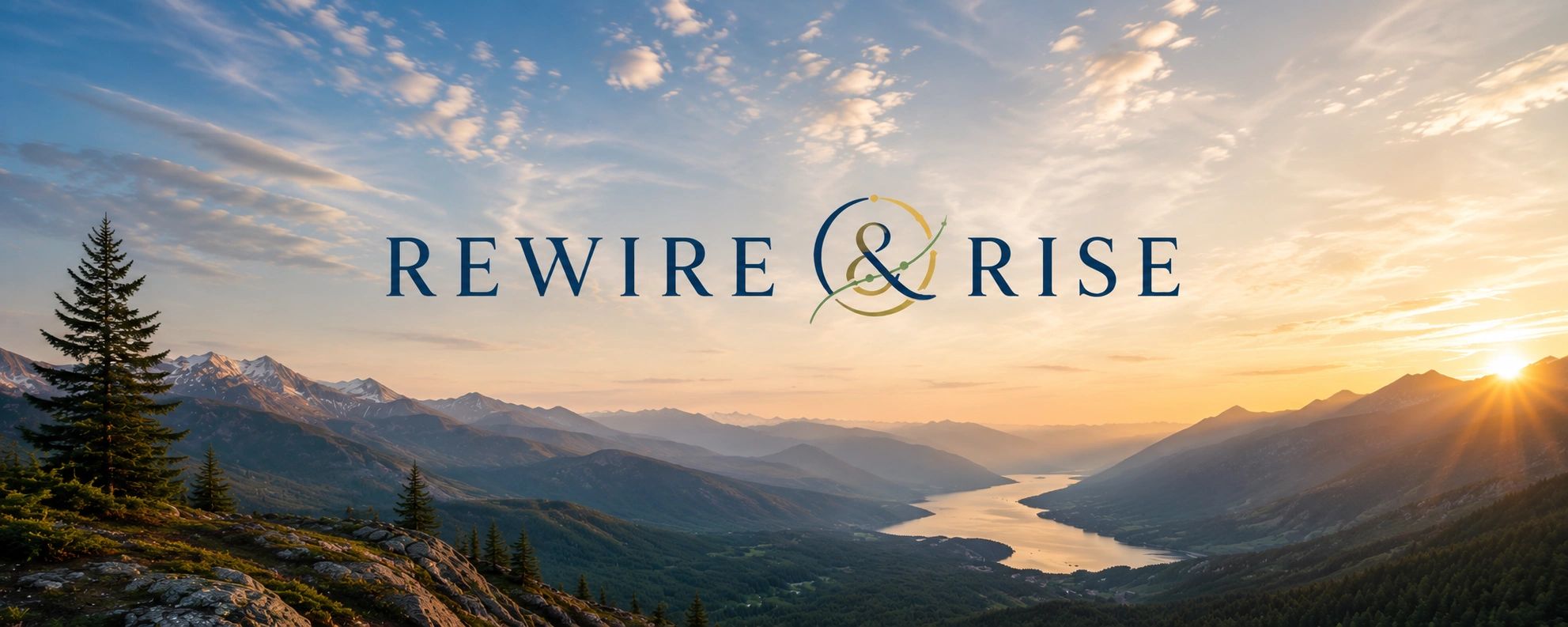 Scenic mountain landscape with "Rewire & Rise" text.