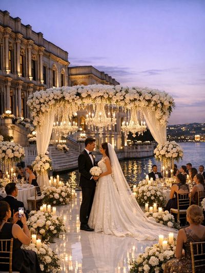 Elegant outdoor wedding ceremony by the water at sunset with floral decor and chandeliers.