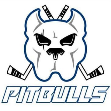 Logo of the Pitbulls hockey team with dog skull and crossed hockey sticks.