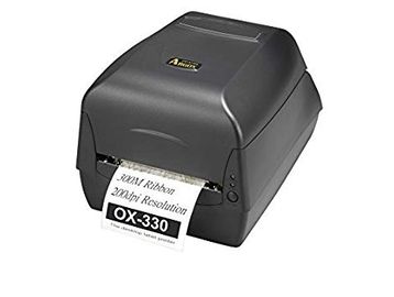Compact black label printer printing a label with specifications.