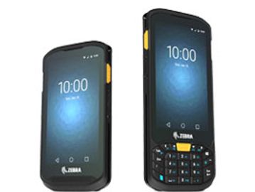 Two rugged handheld barcode scanners with screens and keypads.