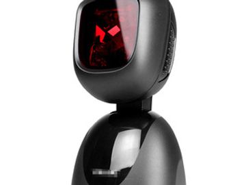 Black barcode scanner with red scanning window on a stand.