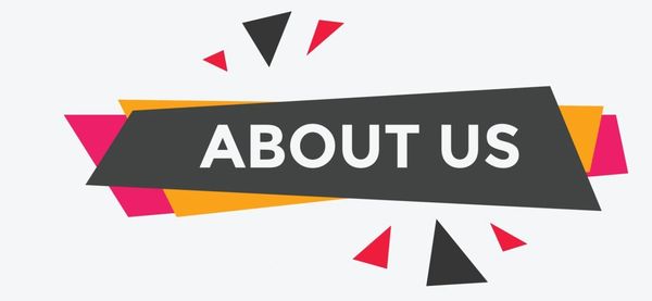 Modern graphic design with 'ABOUT US' text in bold colors and shapes.