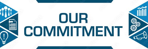 Graphic banner with the text 'Our Commitment' and business icons on sides.
