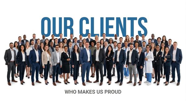 Diverse professional group standing proudly under 'Our Clients' text.