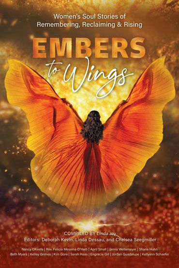Book cover featuring a woman with fiery wings and the title 'Embers to Wings.'