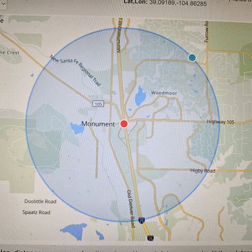 Map showing Monument with a highlighted circular area.