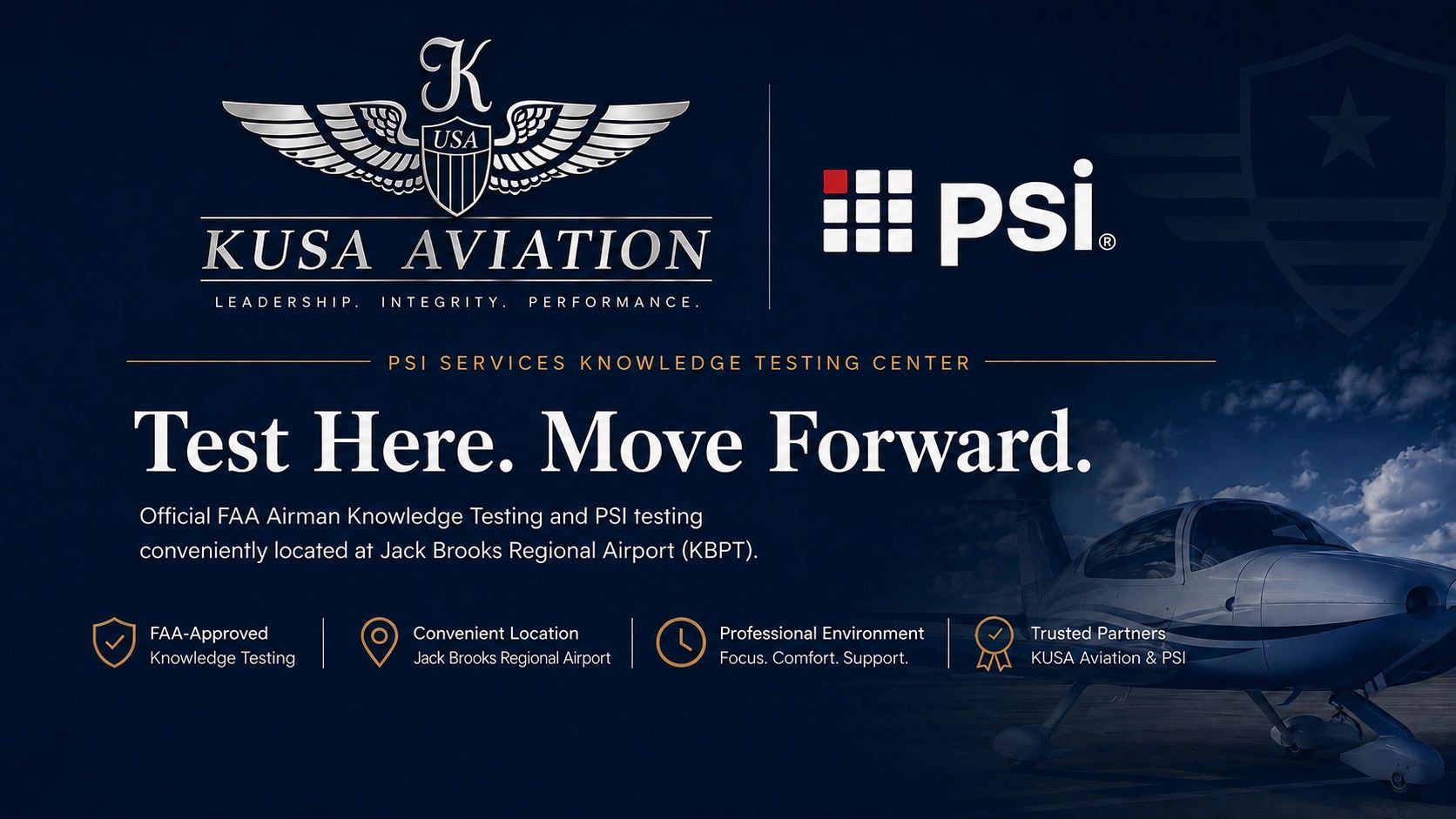 KUSA Aviation PSI knowledge testing center poster with airplane.