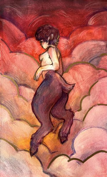 A centaur-like figure floats among red and pink clouds.