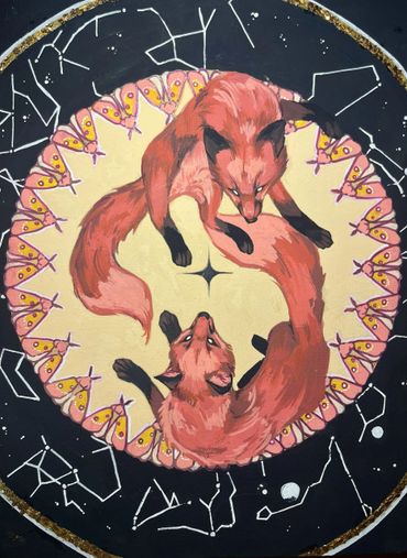 Two foxes in a yin-yang formation surrounded by moths and constellations.
