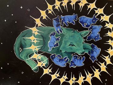 A green fox and blue pups surrounded by golden stars in a cosmic scene.