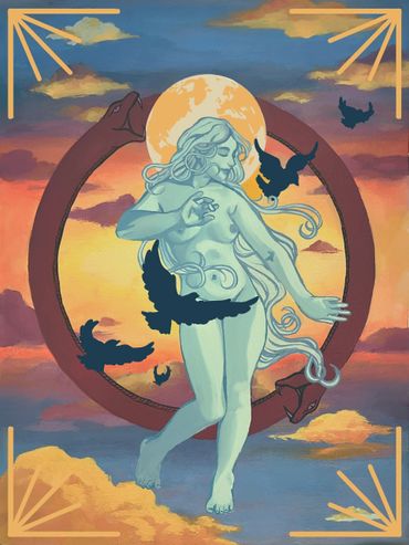 A serene blue figure dances in front of a glowing moon with birds and a serpent circle.