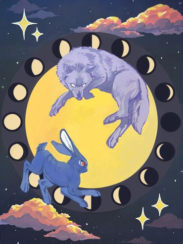 A mystical wolf and rabbit circle a glowing moon with lunar phases.