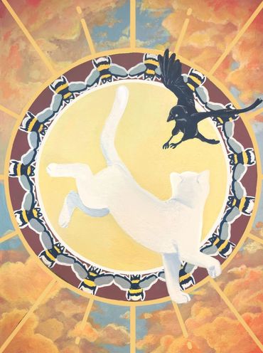 A white cat and black bird in a circular pattern with bees and radiant sky.