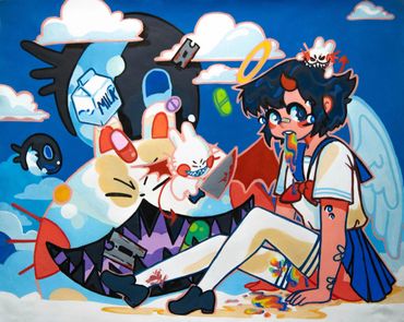 Colorful anime-style girl with angel wings and horns, surrounded by surreal playful and dark elements.