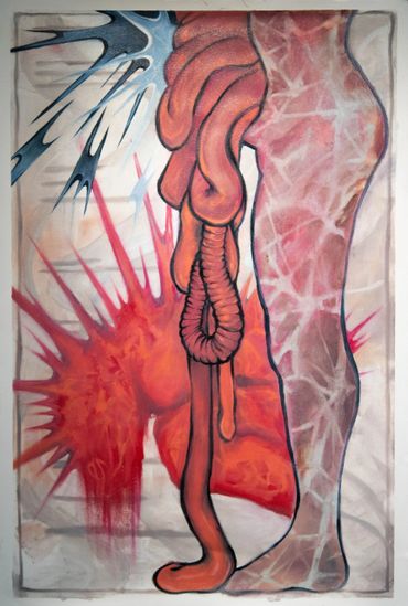 Surreal painting of a human leg with abstract organic shapes and vibrant red bursts.